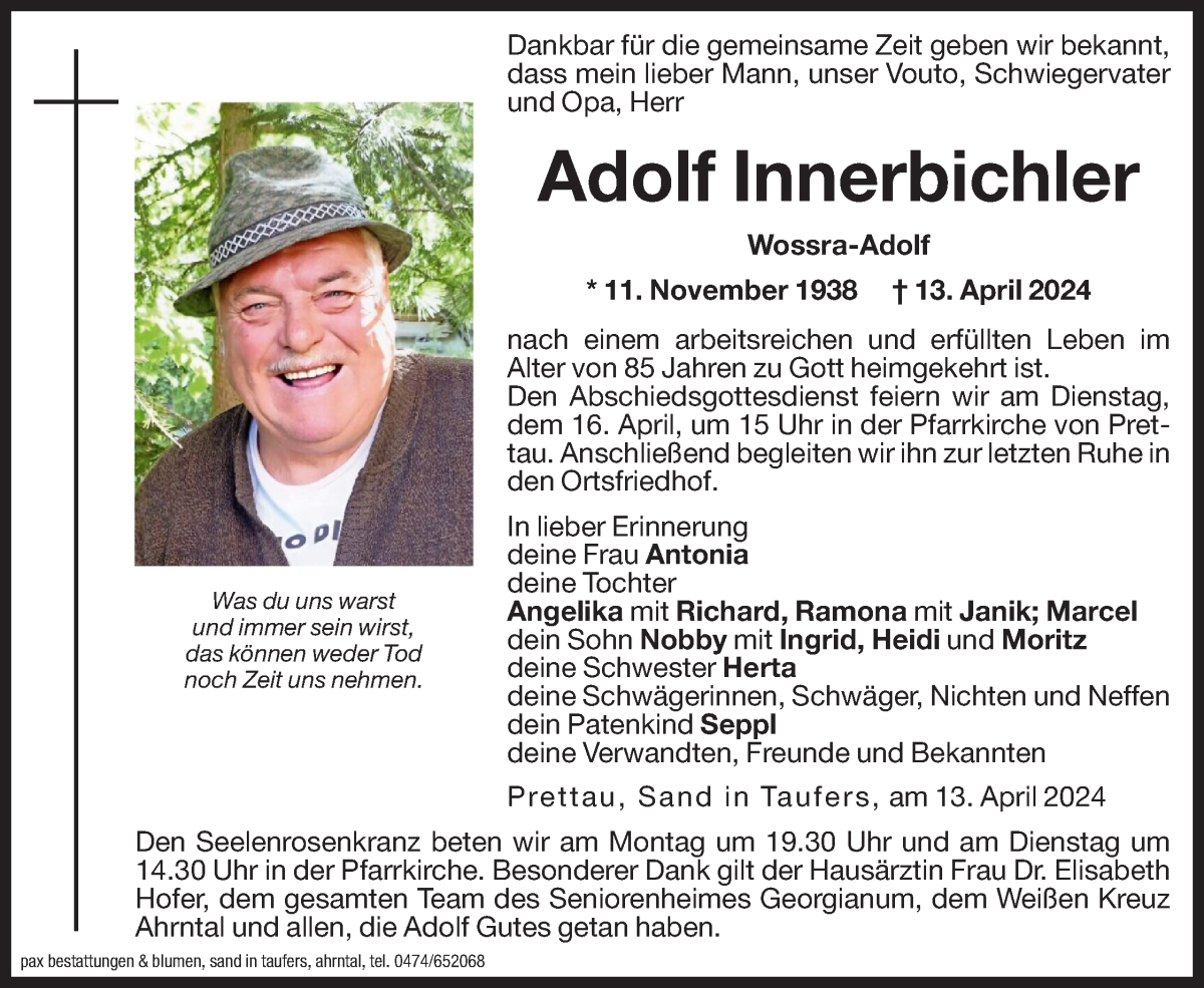  Traueranzeige für Adolf Innerbichler vom 15.04.2024 aus Dolomiten
