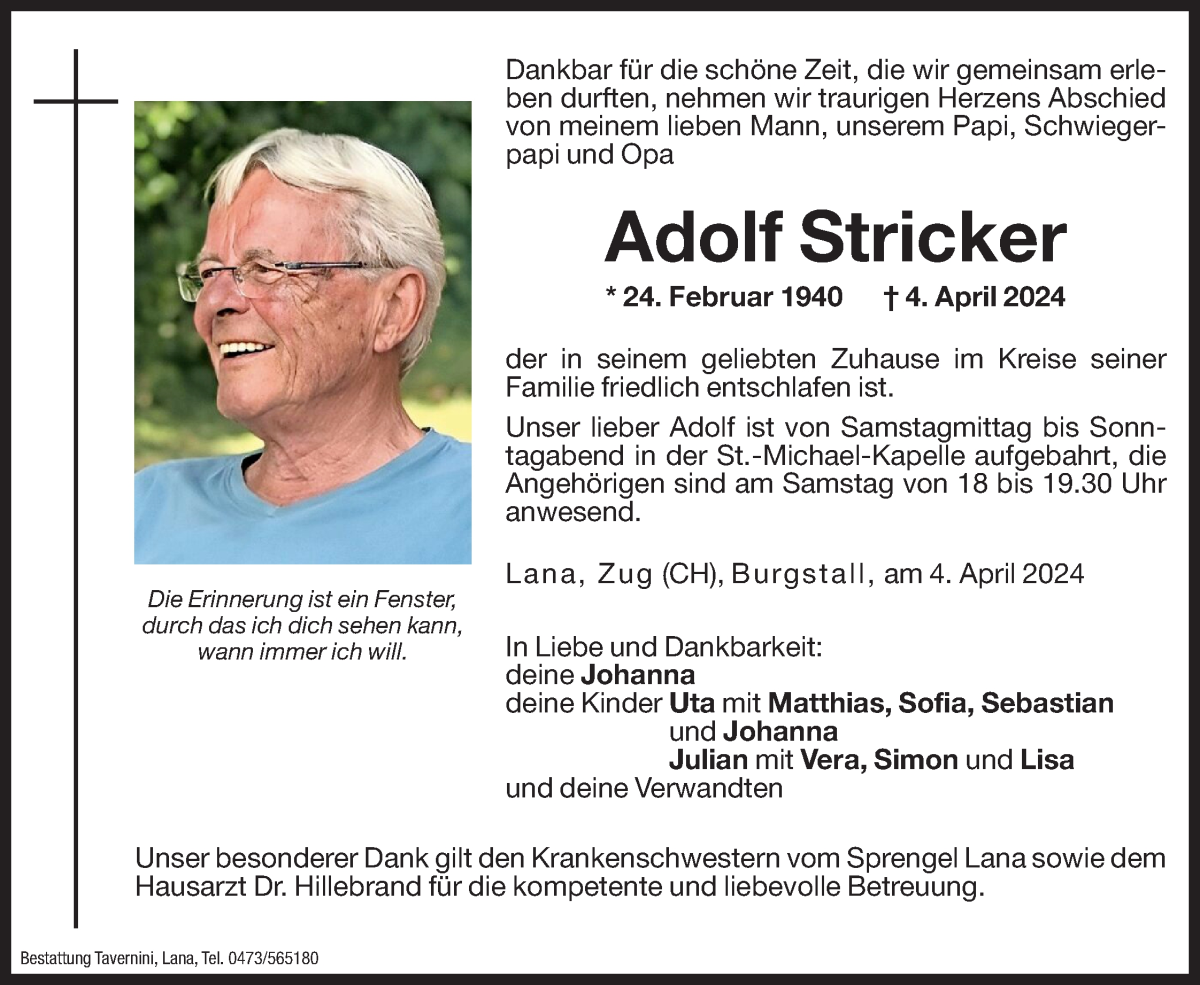  Traueranzeige für Adolf Stricker vom 06.04.2024 aus Dolomiten