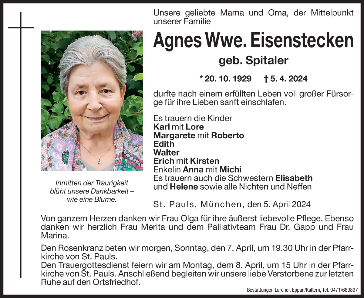  Traueranzeige für Agnes Eisenstecken vom 06.04.2024 aus Dolomiten