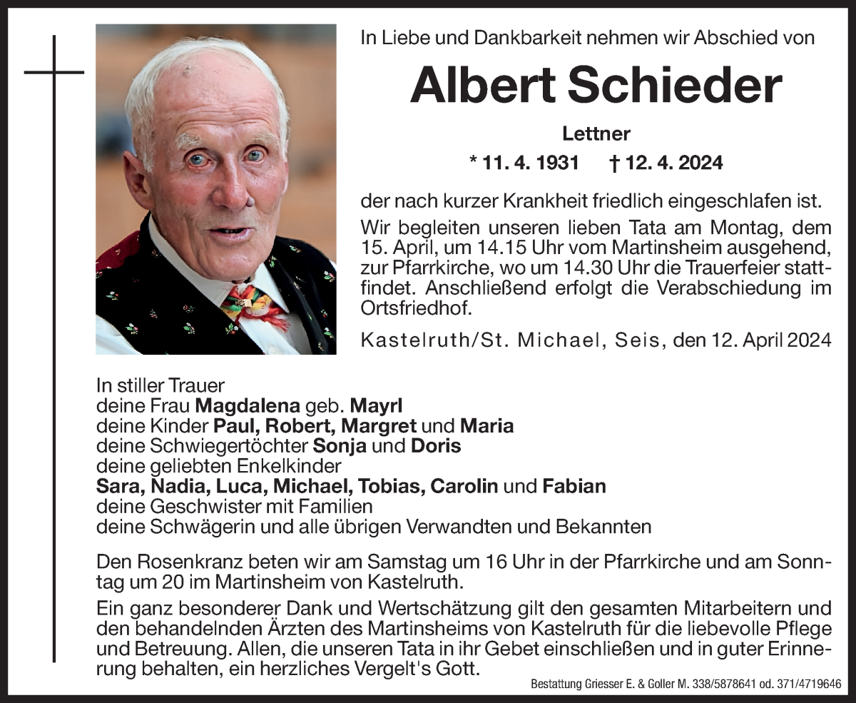  Traueranzeige für Albert Schieder vom 13.04.2024 aus Dolomiten