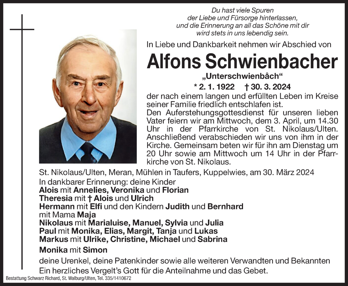  Traueranzeige für Alfons Schwienbacher vom 02.04.2024 aus Dolomiten