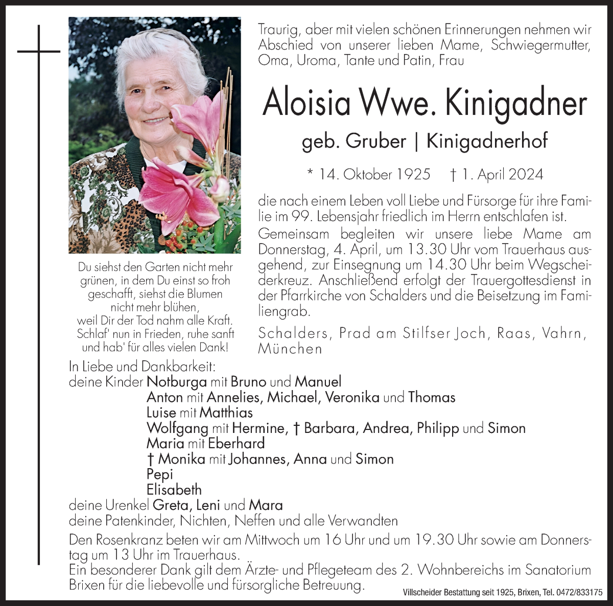  Traueranzeige für Aloisia Kinigadner vom 03.04.2024 aus Dolomiten