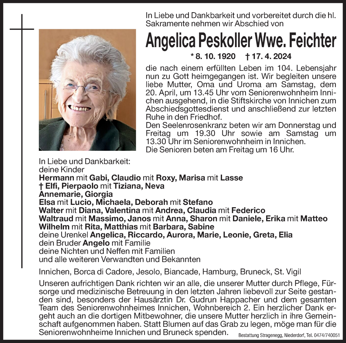  Traueranzeige für Angelica Feichter vom 18.04.2024 aus Dolomiten