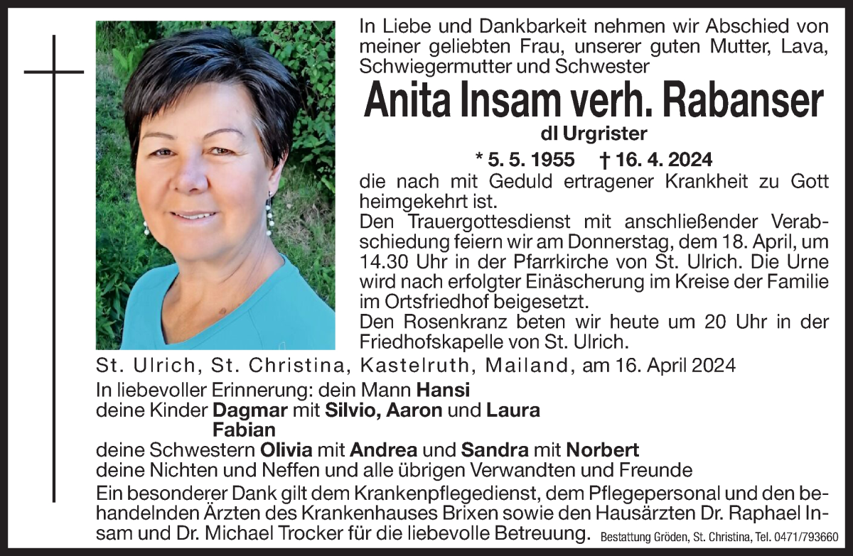  Traueranzeige für Anita Rabanser vom 17.04.2024 aus Dolomiten