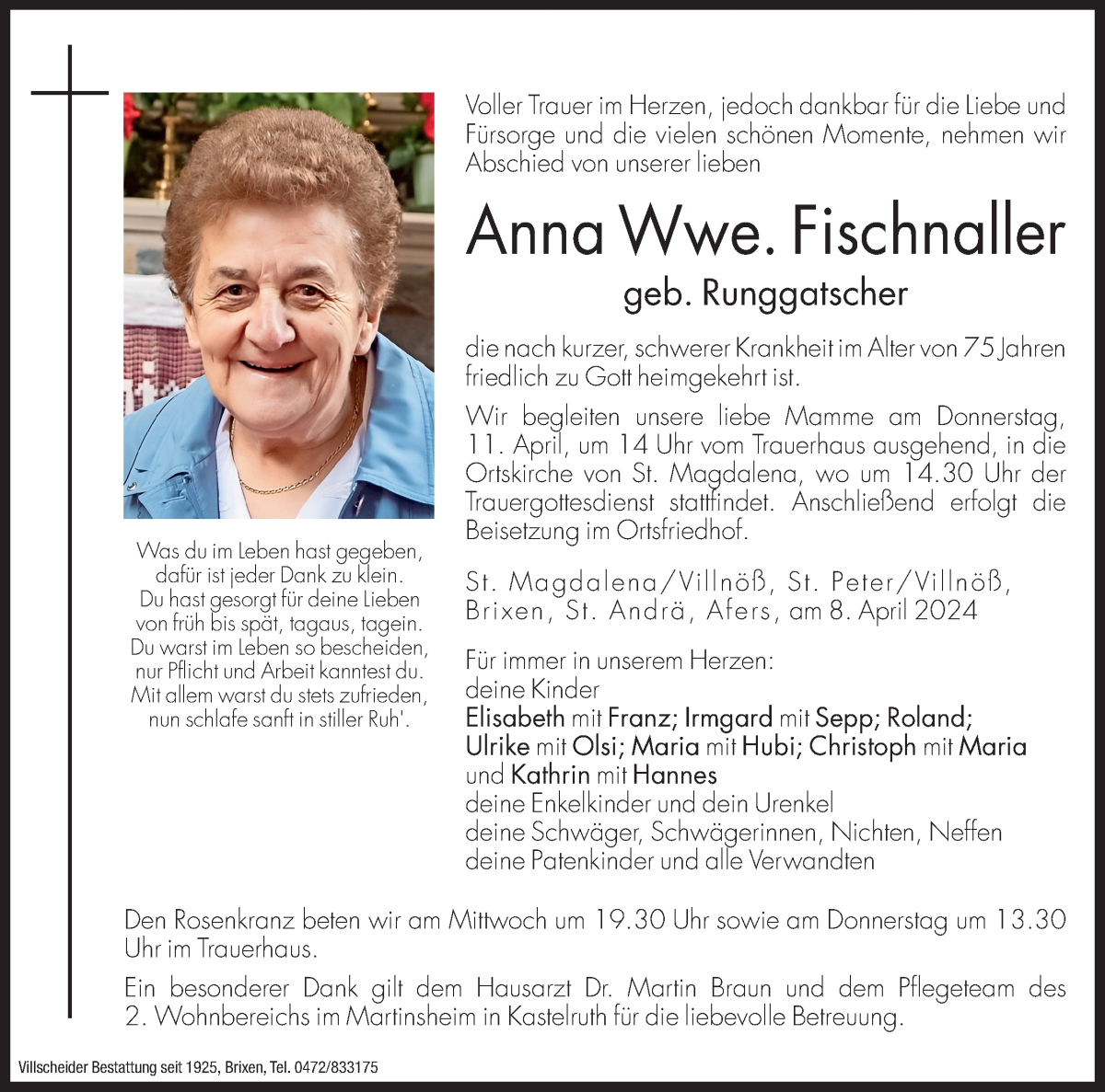  Traueranzeige für Anna Fischnaller vom 10.04.2024 aus Dolomiten