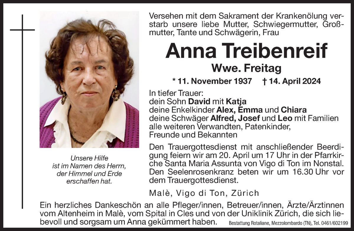  Traueranzeige für Anna Freitag vom 17.04.2024 aus Dolomiten
