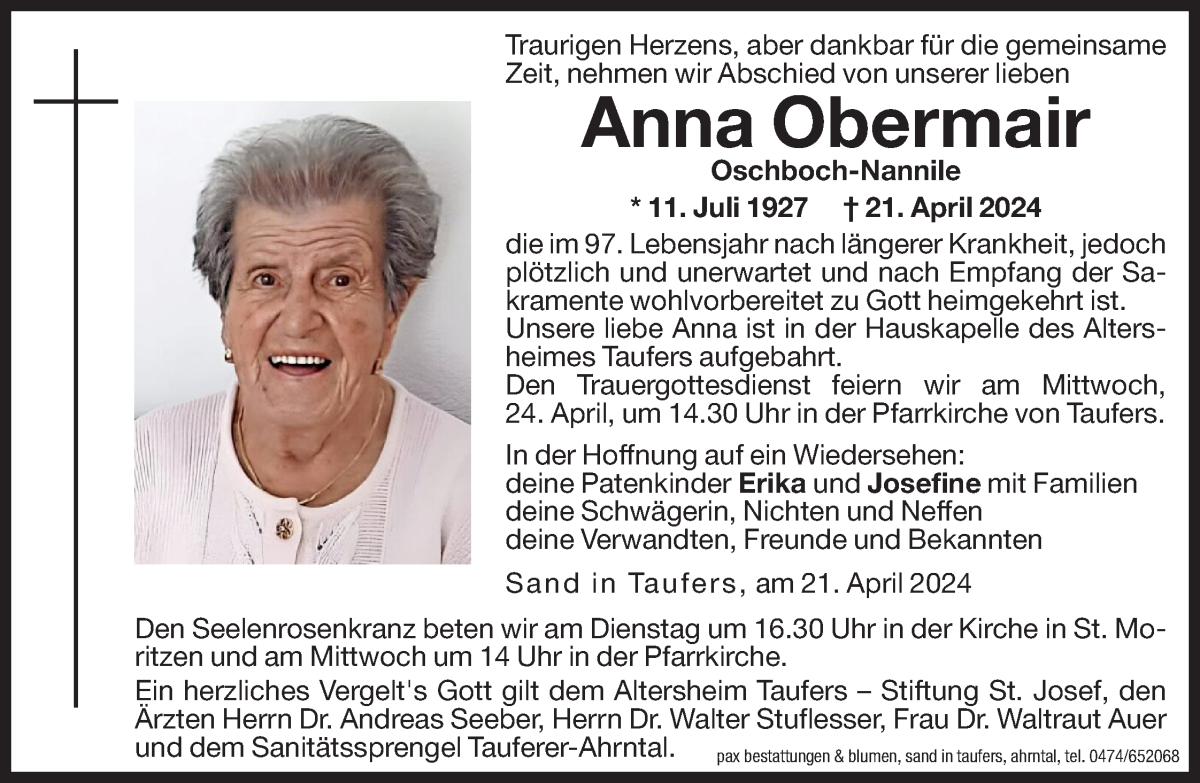 Traueranzeige für Anna Obermair vom 23.04.2024 aus Dolomiten