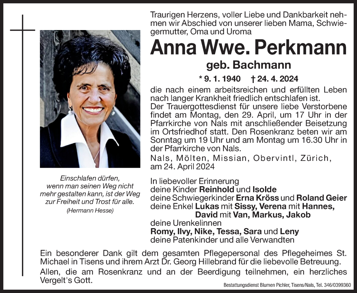  Traueranzeige für Anna Perkmann vom 26.04.2024 aus Dolomiten