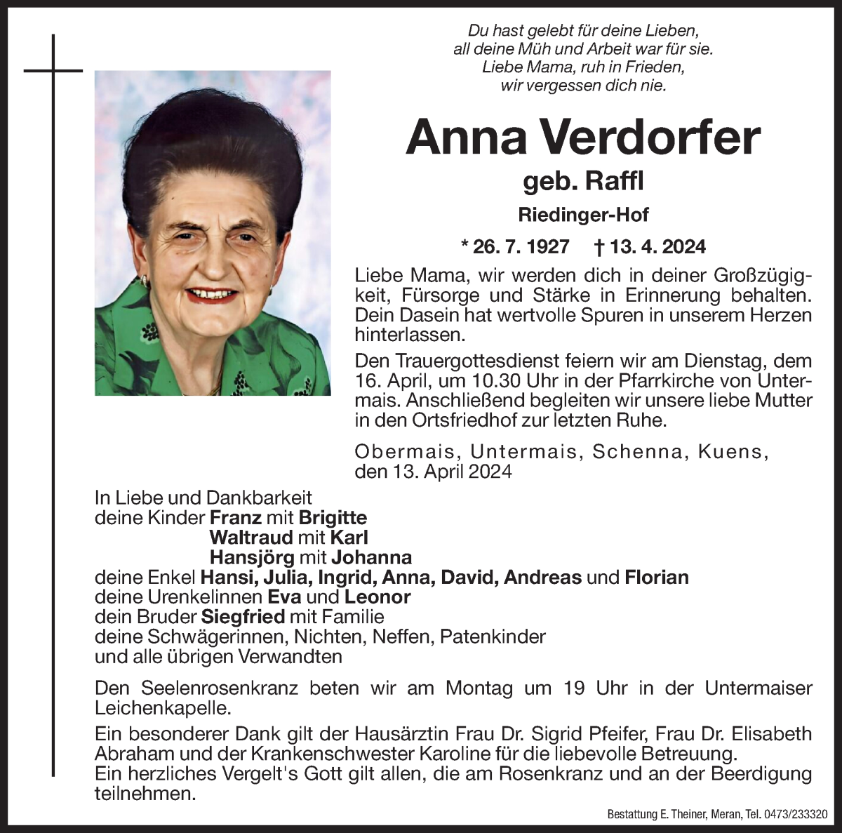  Traueranzeige für Anna Verdorfer vom 15.04.2024 aus Dolomiten
