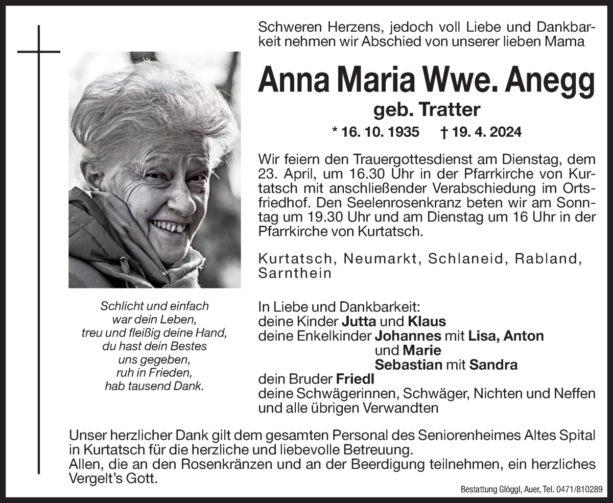  Traueranzeige für Anna Maria Anegg vom 20.04.2024 aus Dolomiten