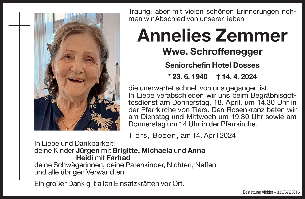  Traueranzeige für Annelies Schroffenegger vom 16.04.2024 aus Dolomiten