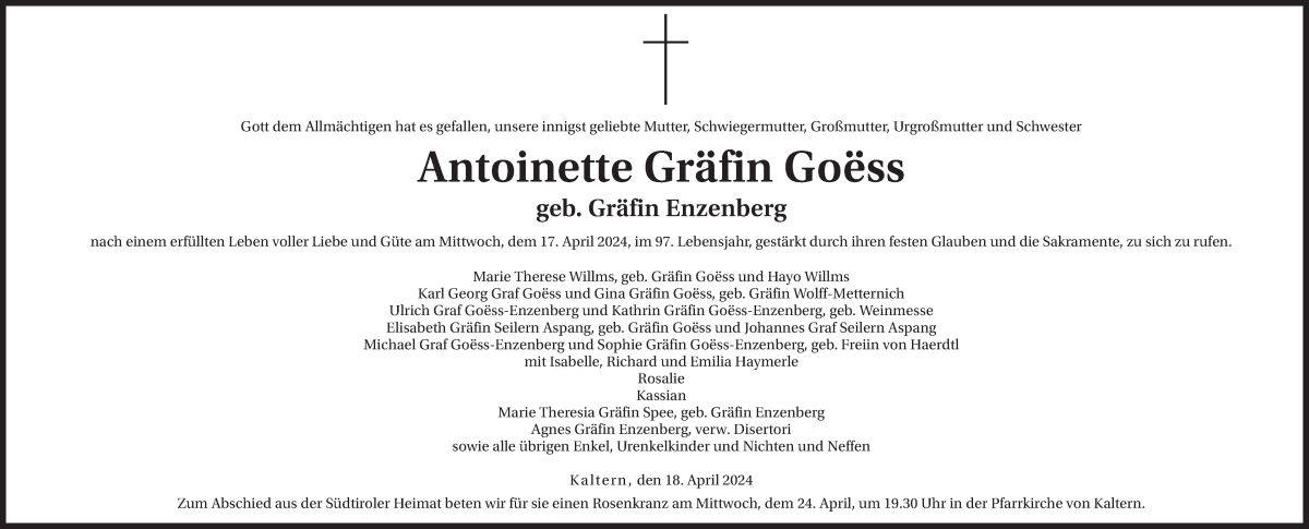  Traueranzeige für Antoinette Gräfin Goess vom 19.04.2024 aus Dolomiten