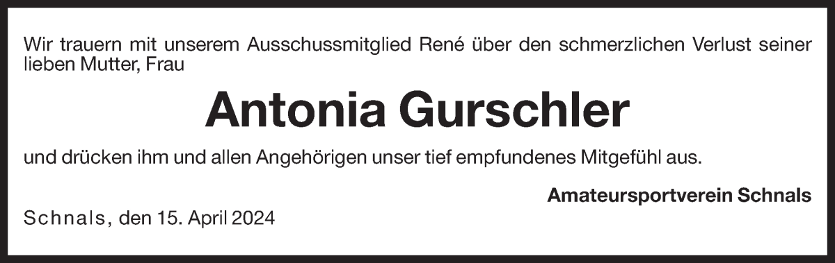  Traueranzeige für Antonia Gurschler vom 15.04.2024 aus Dolomiten