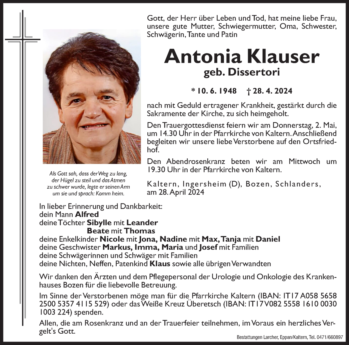  Traueranzeige für Antonia Klauser vom 29.04.2024 aus Dolomiten