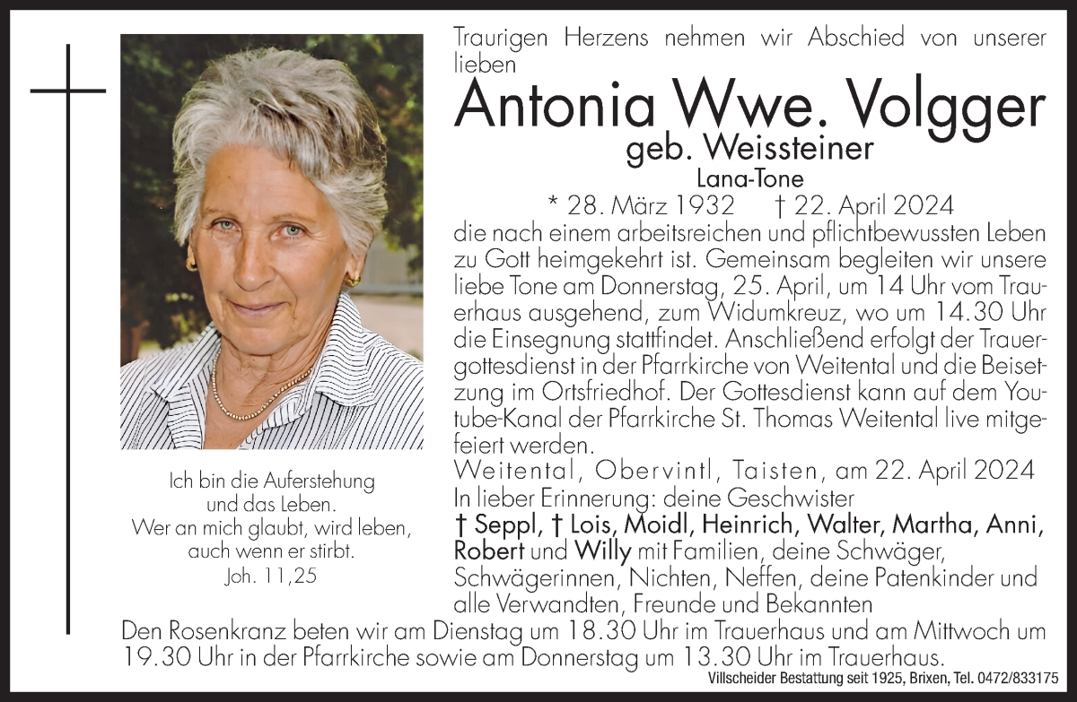  Traueranzeige für Antonia Volgger vom 24.04.2024 aus Dolomiten