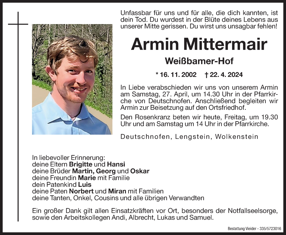  Traueranzeige für Armin Mittermair vom 26.04.2024 aus Dolomiten