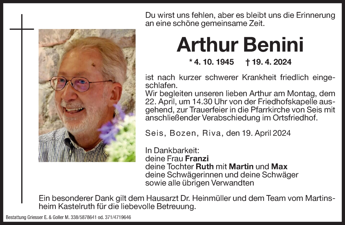  Traueranzeige für Arthur Benini vom 20.04.2024 aus Dolomiten