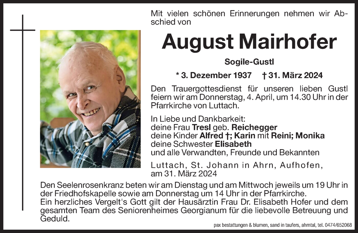  Traueranzeige für August Mairhofer vom 02.04.2024 aus Dolomiten