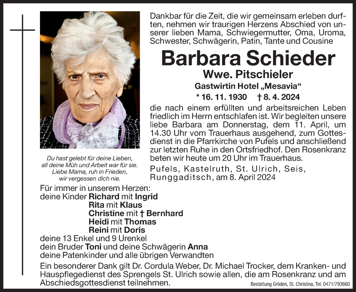  Traueranzeige für Barbara Pitschieler vom 10.04.2024 aus Dolomiten