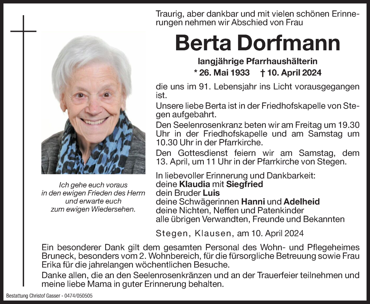  Traueranzeige für Berta Dorfmann vom 12.04.2024 aus Dolomiten