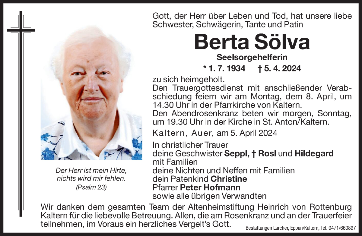  Traueranzeige für Berta Sölva vom 06.04.2024 aus Dolomiten