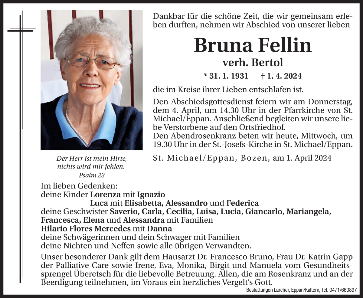  Traueranzeige für Bruna Bertol vom 03.04.2024 aus Dolomiten