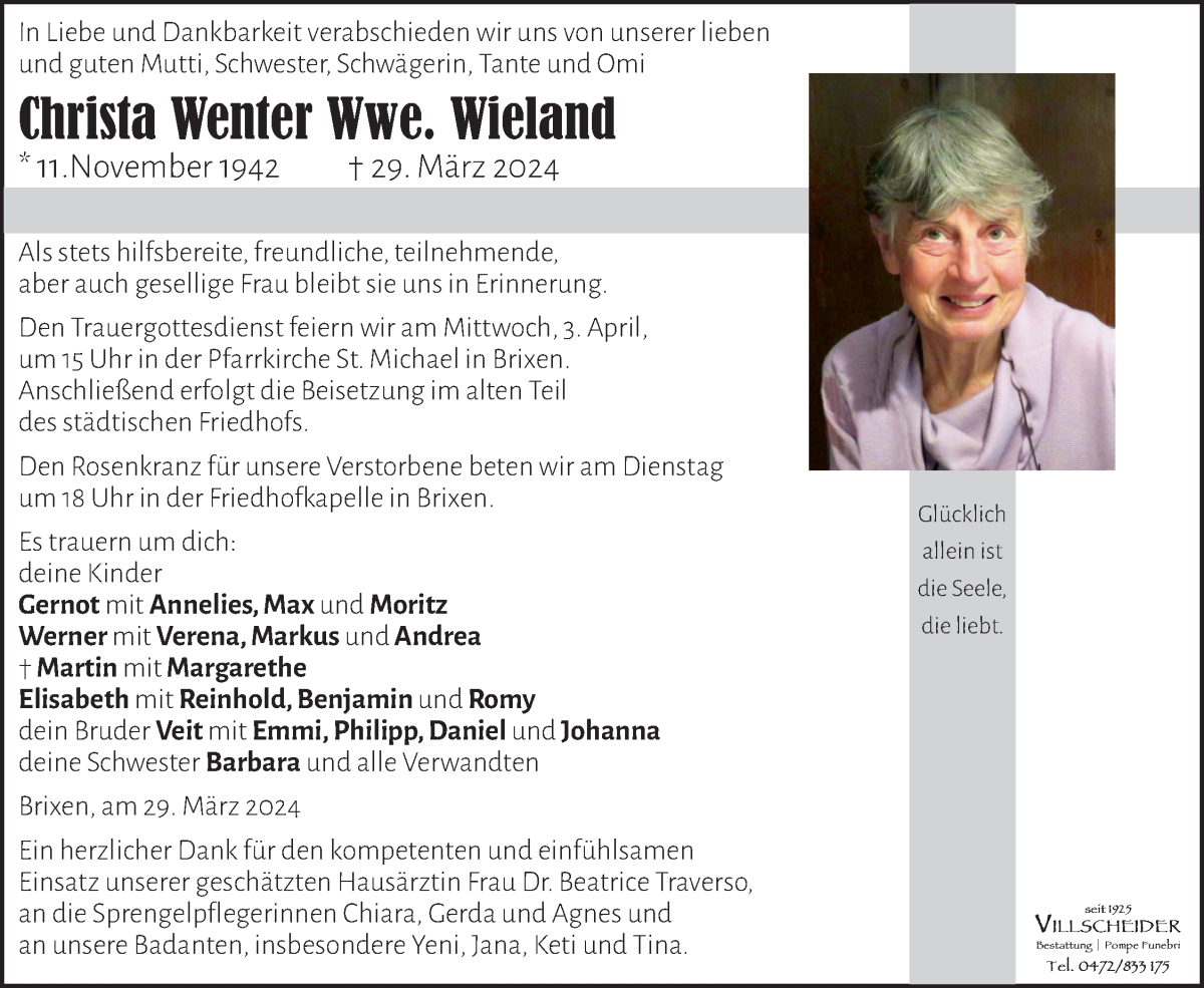  Traueranzeige für Christa Wieland vom 02.04.2024 aus Dolomiten