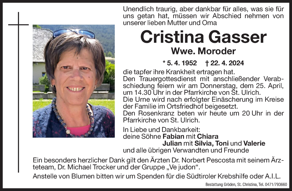  Traueranzeige für Cristina Moroder vom 24.04.2024 aus Dolomiten