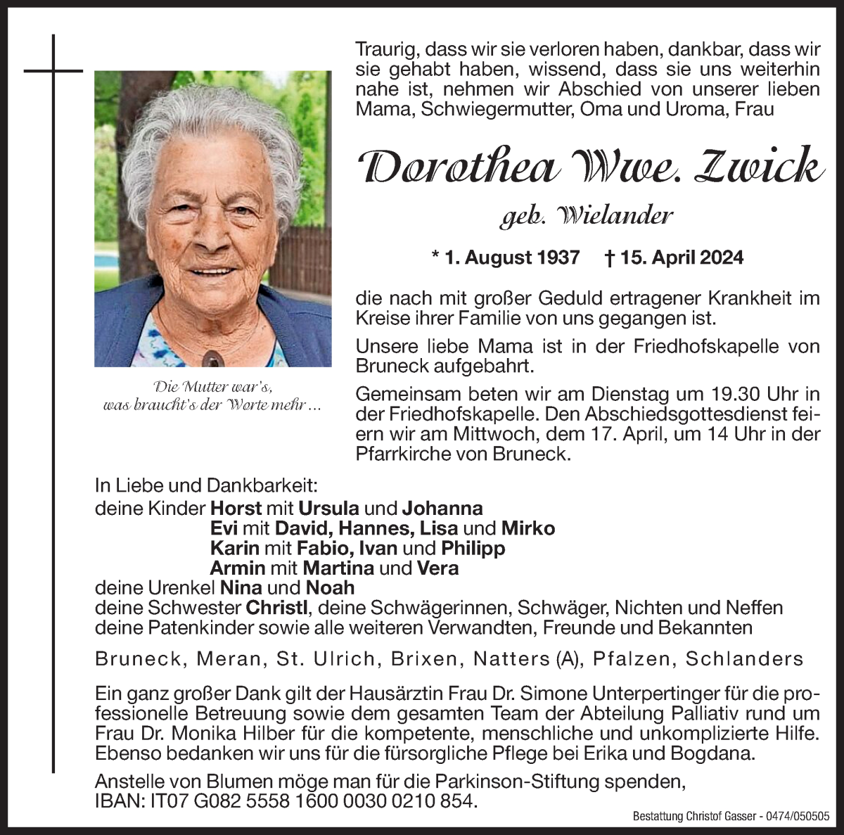  Traueranzeige für Dorothea Zwick vom 16.04.2024 aus Dolomiten