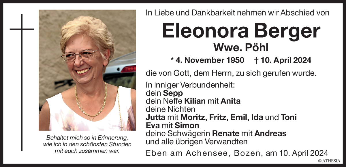  Traueranzeige für Eleonora Berger vom 16.04.2024 aus Dolomiten