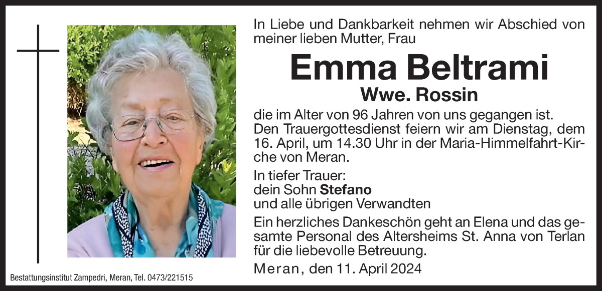  Traueranzeige für Emma Rossin vom 13.04.2024 aus Dolomiten