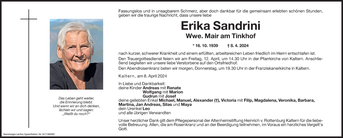  Traueranzeige für Erika Mair am Tinkhof vom 10.04.2024 aus Dolomiten