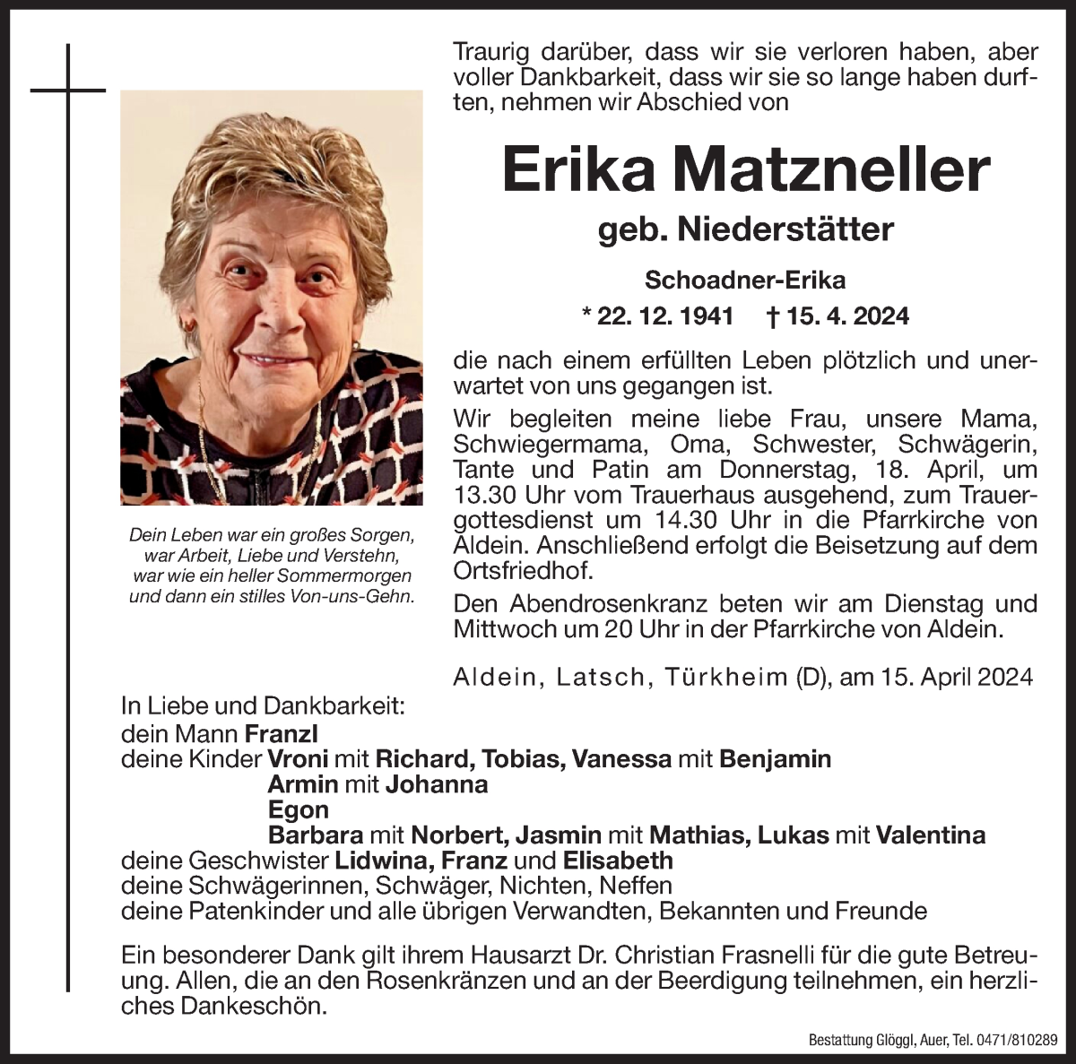  Traueranzeige für Erika Matzneller vom 16.04.2024 aus Dolomiten