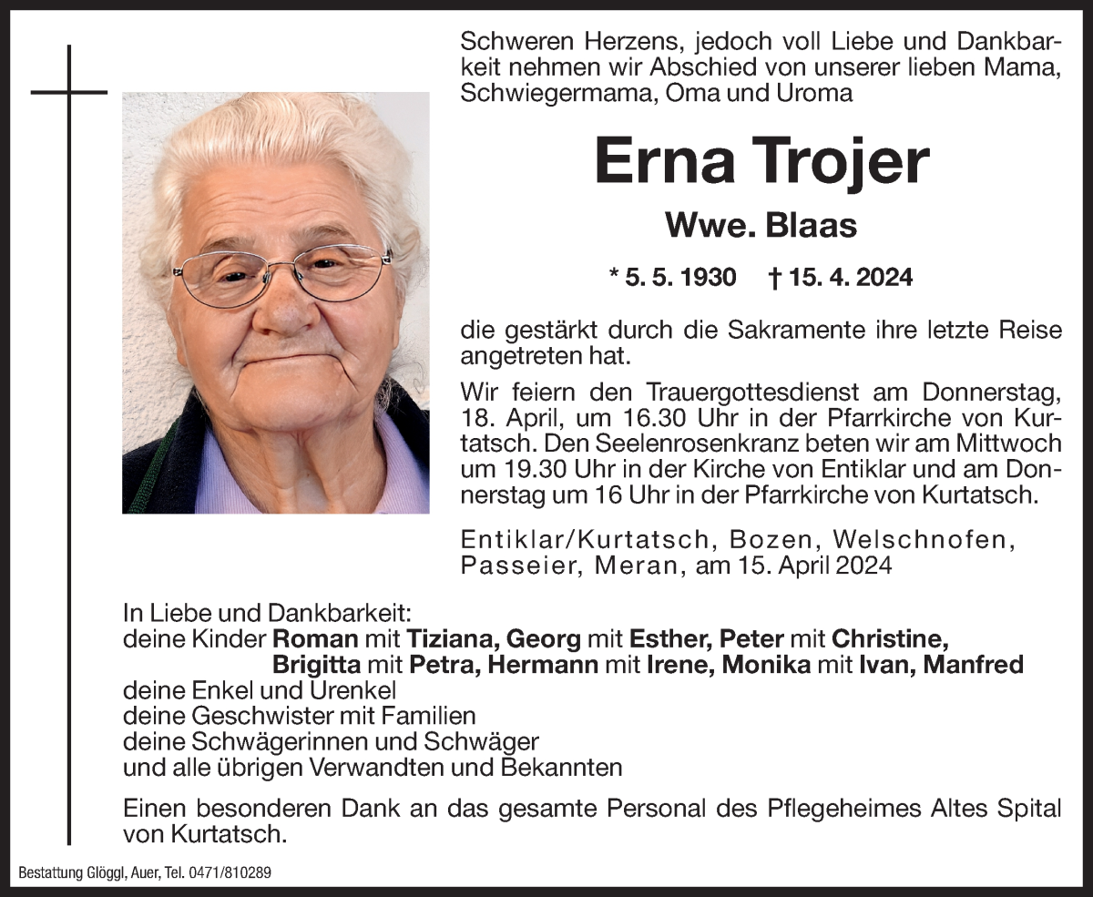 Traueranzeige für Erna Blaas vom 16.04.2024 aus Dolomiten