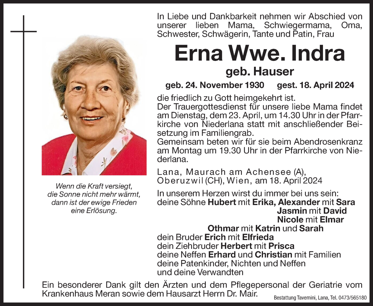  Traueranzeige für Erna Indra vom 20.04.2024 aus Dolomiten