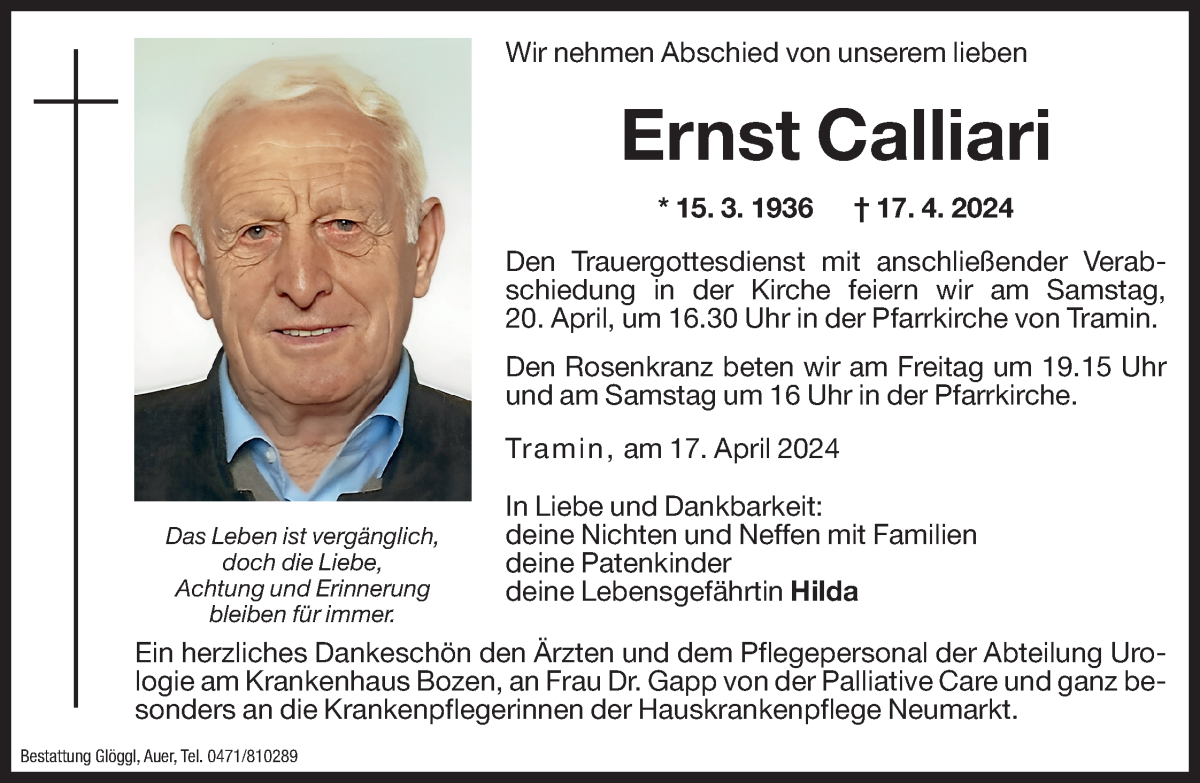  Traueranzeige für Ernst Calliari vom 19.04.2024 aus Dolomiten