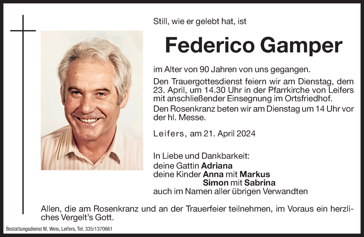  Traueranzeige für Federico Gamper vom 22.04.2024 aus Dolomiten
