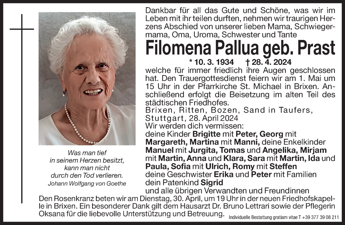  Traueranzeige für Filomena Pallua vom 30.04.2024 aus Dolomiten