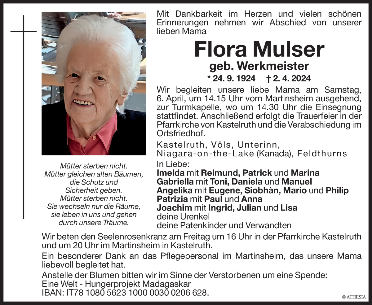  Traueranzeige für Flora Mulser vom 05.04.2024 aus Dolomiten