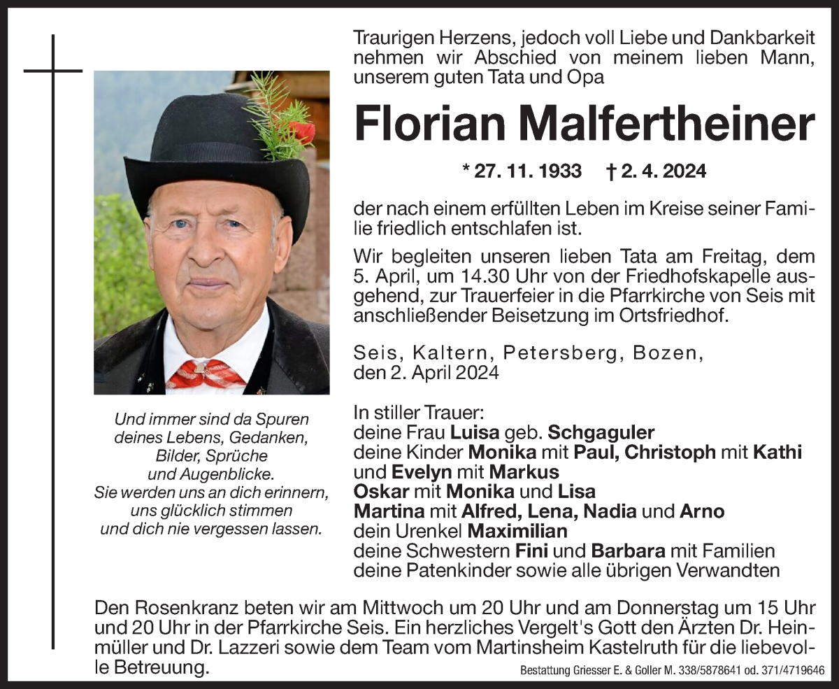  Traueranzeige für Florian Malfertheiner vom 04.04.2024 aus Dolomiten