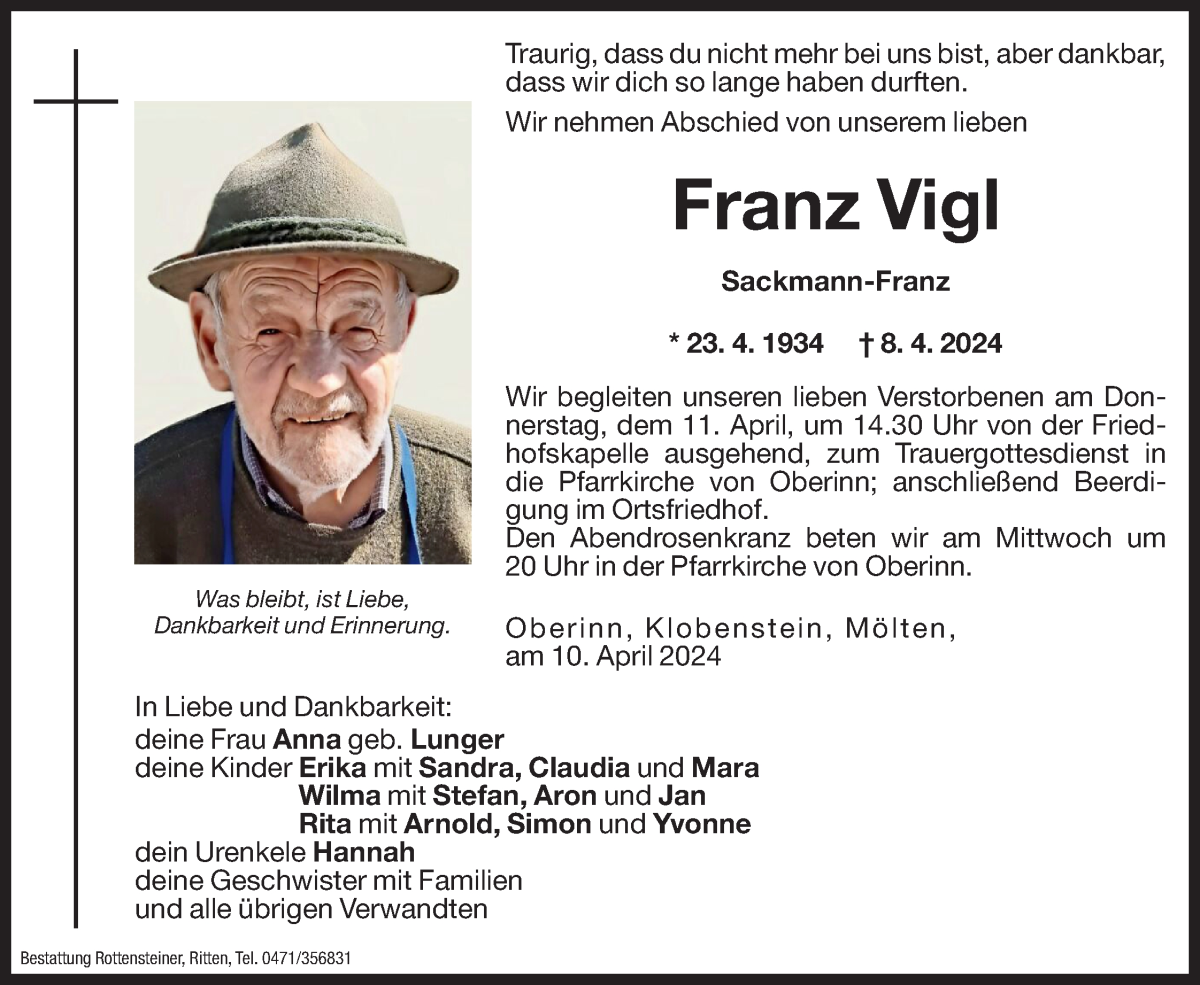  Traueranzeige für Franz Vigl vom 10.04.2024 aus Dolomiten