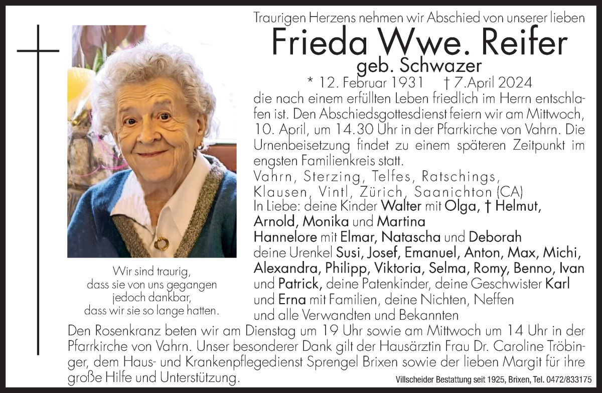  Traueranzeige für Frieda Reifer vom 08.04.2024 aus Dolomiten