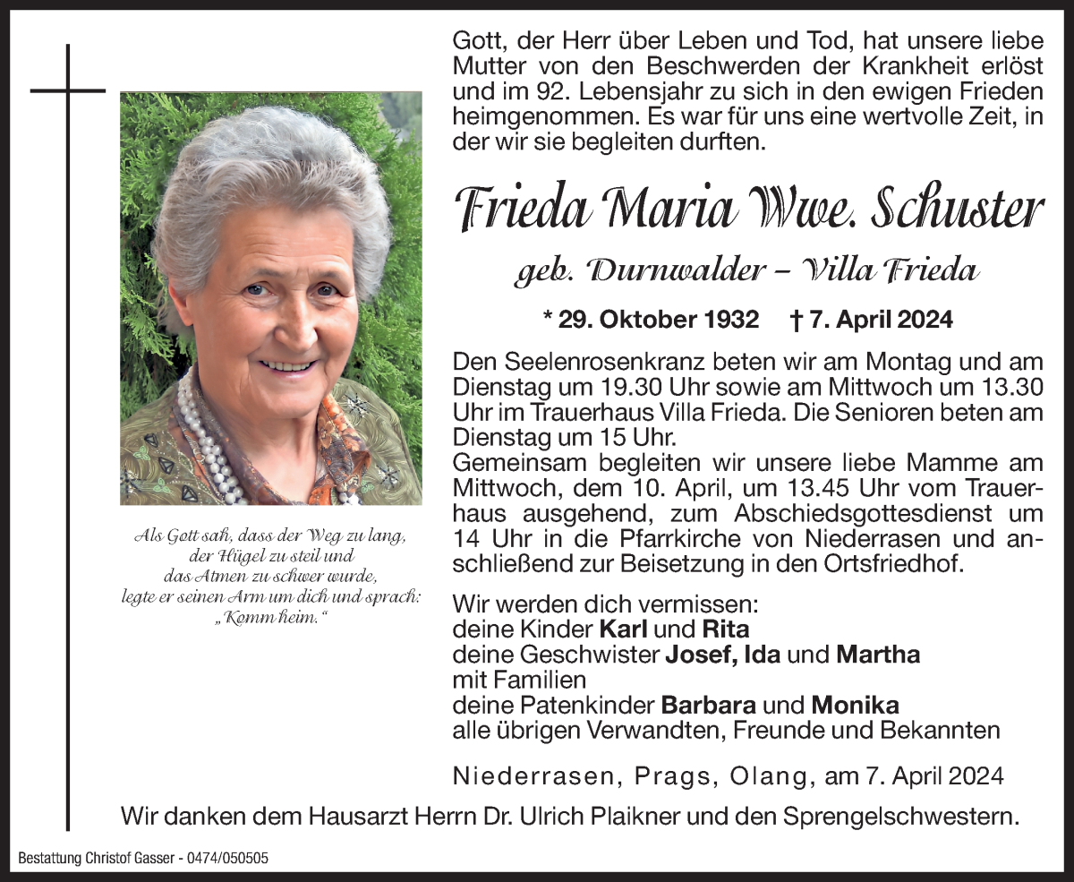  Traueranzeige für Frieda Maria Schuster vom 08.04.2024 aus Dolomiten