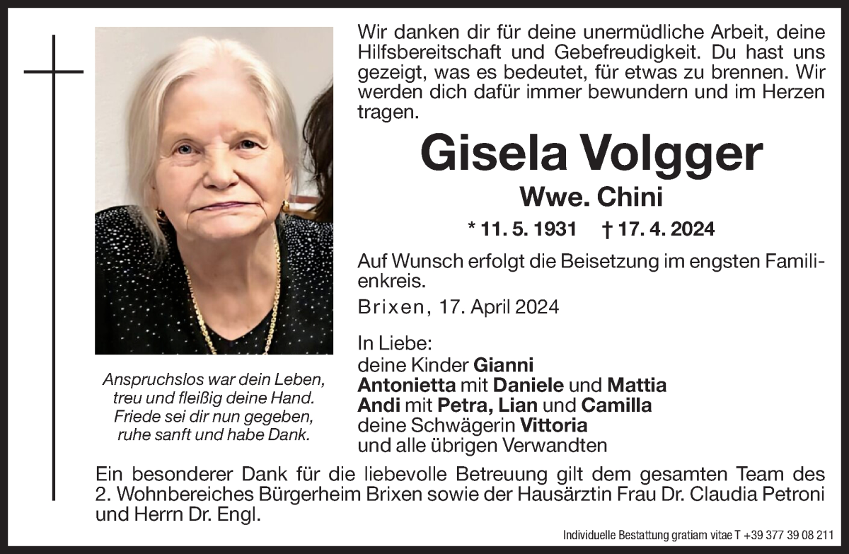  Traueranzeige für Gisela Chini vom 19.04.2024 aus Dolomiten