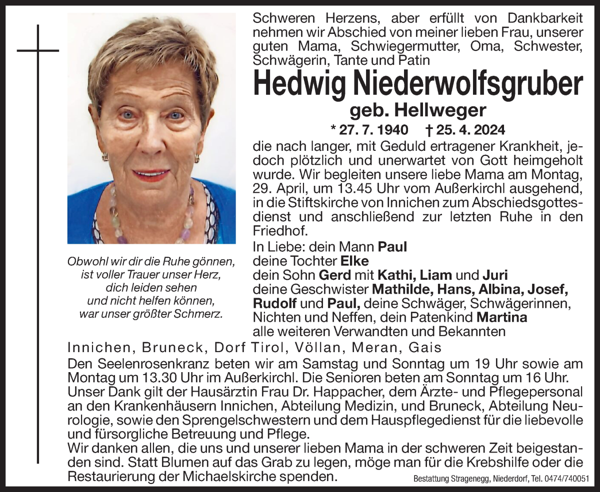  Traueranzeige für Hedwig Niederwolfsgruber vom 27.04.2024 aus Dolomiten