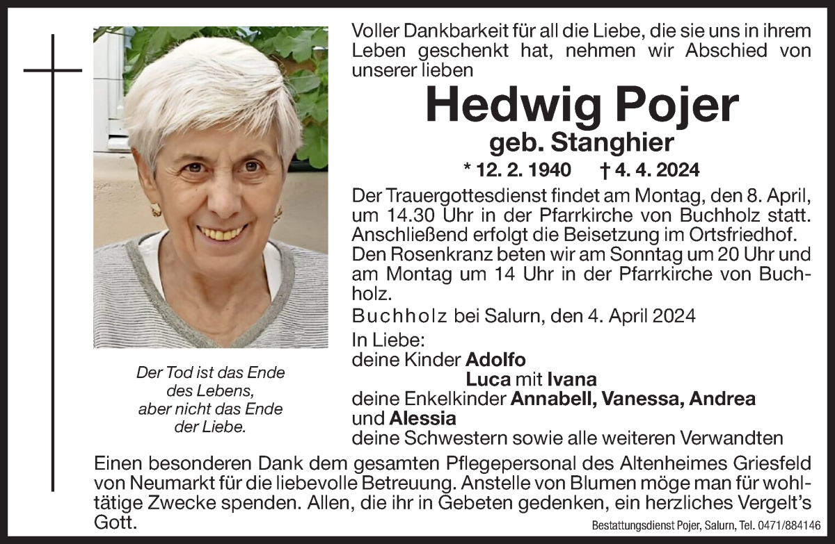  Traueranzeige für Hedwig Pojer vom 06.04.2024 aus Dolomiten
