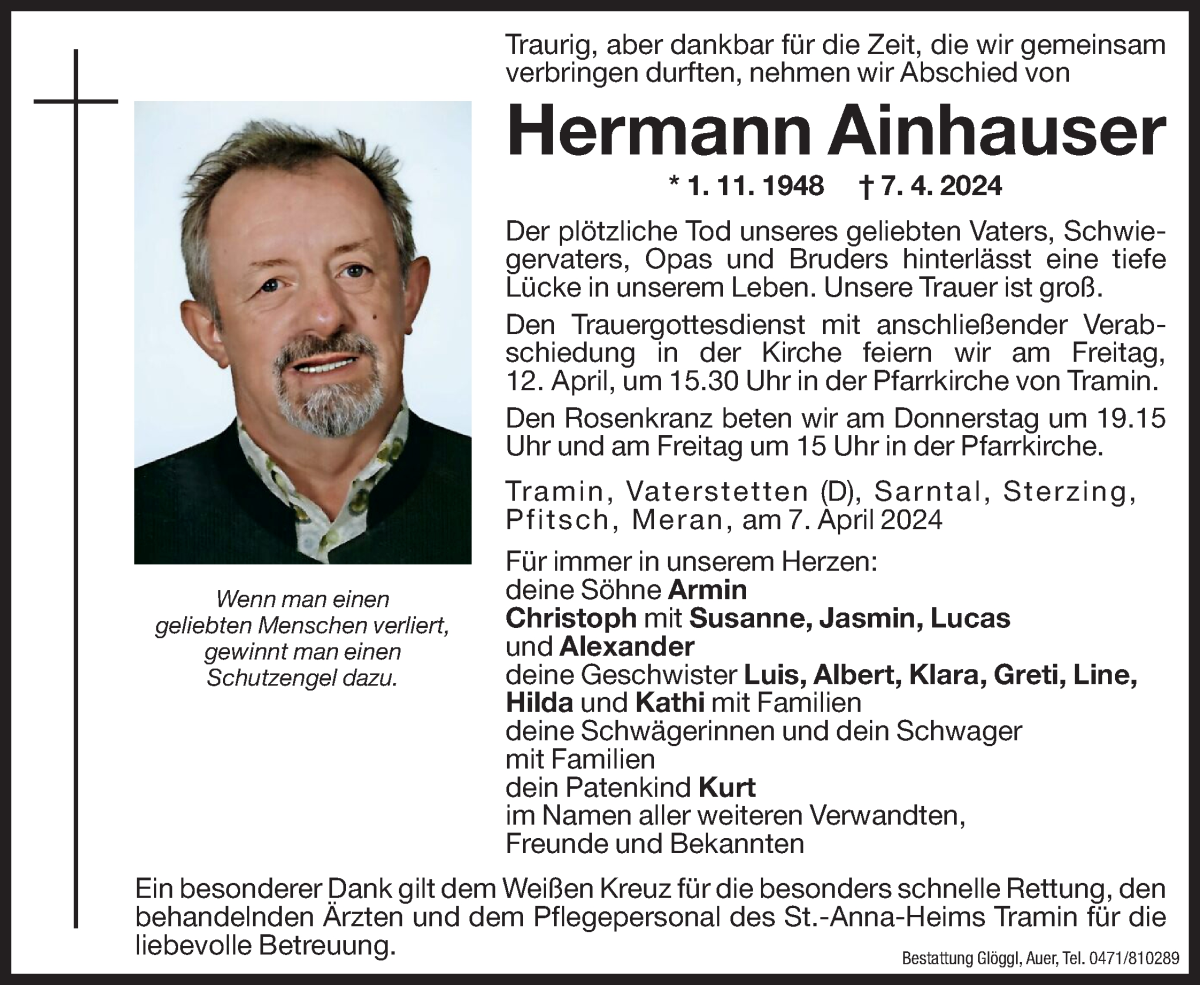  Traueranzeige für Hermann Ainhauser vom 10.04.2024 aus Dolomiten