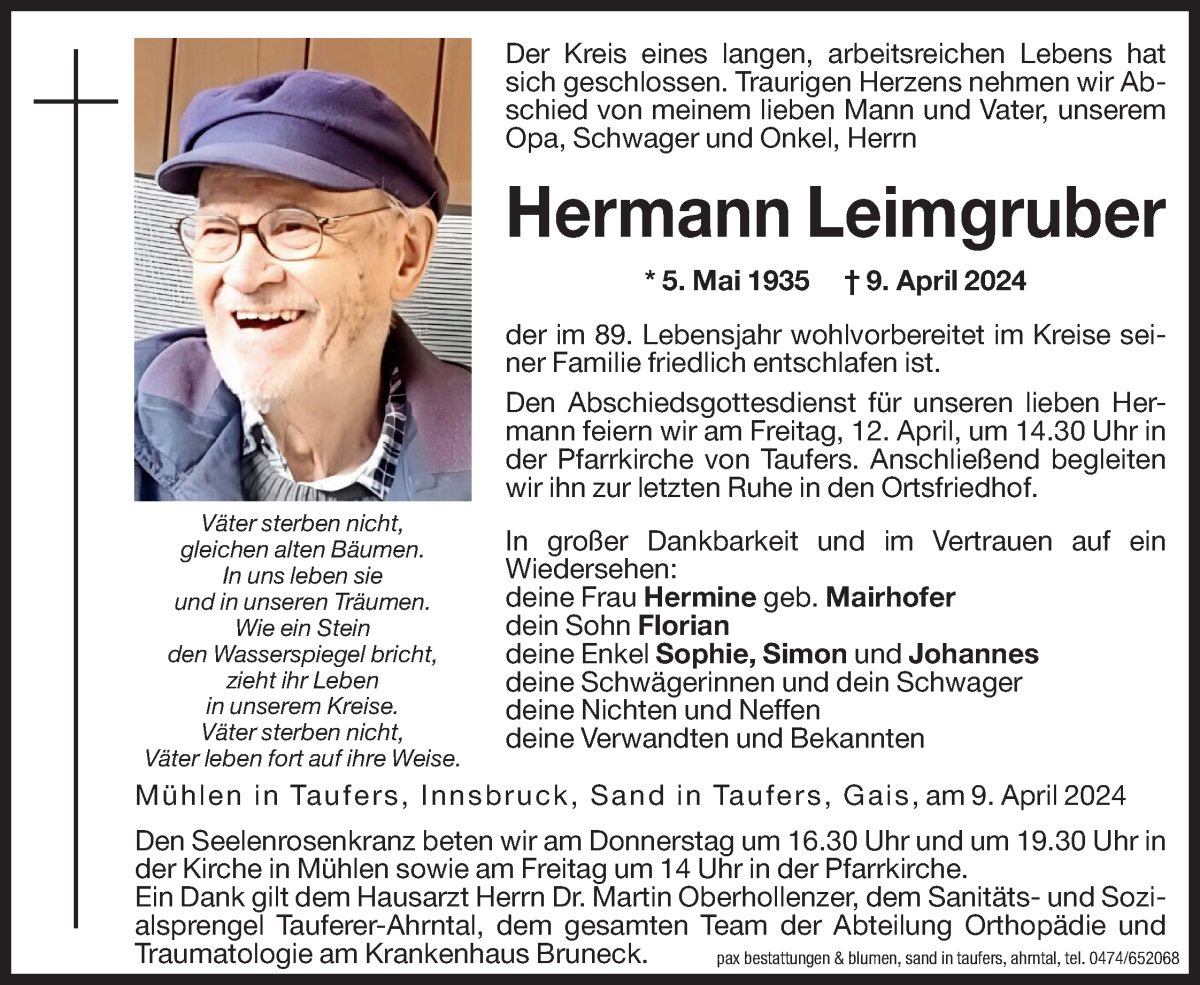  Traueranzeige für Hermann Leimgruber vom 11.04.2024 aus Dolomiten