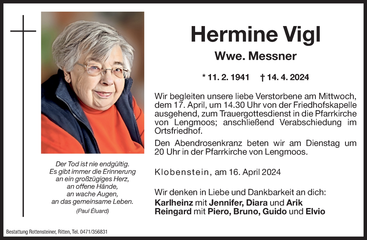  Traueranzeige für Hermine Messner vom 16.04.2024 aus Dolomiten