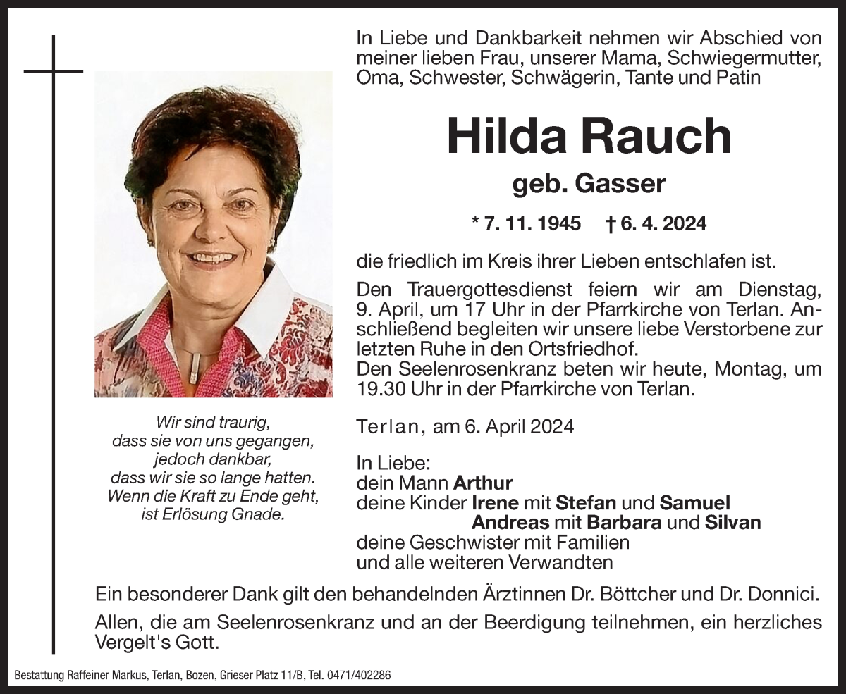  Traueranzeige für Hilda Rauch vom 08.04.2024 aus Dolomiten